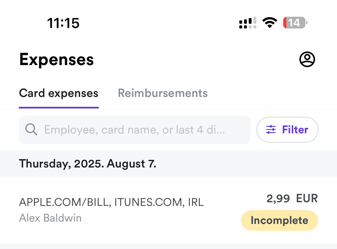 Image of the Expenses page on Airwallex App